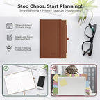 IN-luxpro Daily Planner 2026 with One Page Per Day,(A5-8.5" x 5.9"),12 Months Calendar Hourly Appointment Book Monthly Tabs & Self-adhesive Pen Holder,Inner Pocket, Vegan Leather Hardback,Brown