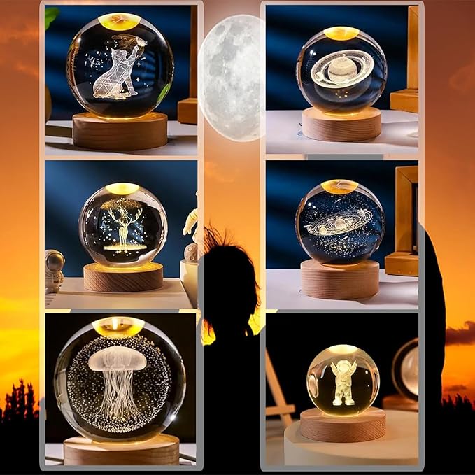 C&M 3D Teddy & Balloon Crystal Ball Night Light,Teddy & Balloon Figurine Lamp,Decorative Glass Sphere Ball Paperweight Crystal Sea Animal Decorations for Home (Teddy & Balloon)