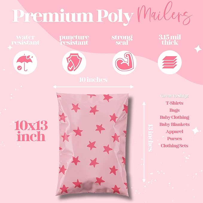 Pretty Package Store 10x13 Designer Poly Mailer 100 Pack Heavy Duty Waterproof Self Seal Shipping Bags for Small Business Large Mailing Envelopes Bulk Tear Resistant Cute Packaging Seeing Stars Pink