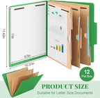 12 Pcs Classification Folders Letter Size 3 Pocket Dividers Employee File Folder with 2 Prongs Fasteners, 2 in Expansion Heavy Duty Pressboard File Holder for School Office Medical Document(Green)