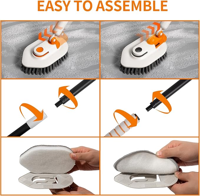 Calzzle Bathroom Scrub Brush with Long Handle, 3-in-1 Tub and Tile Cleaner with 5 Replaceable Heads for Shower, Floor & Wall Cleaning