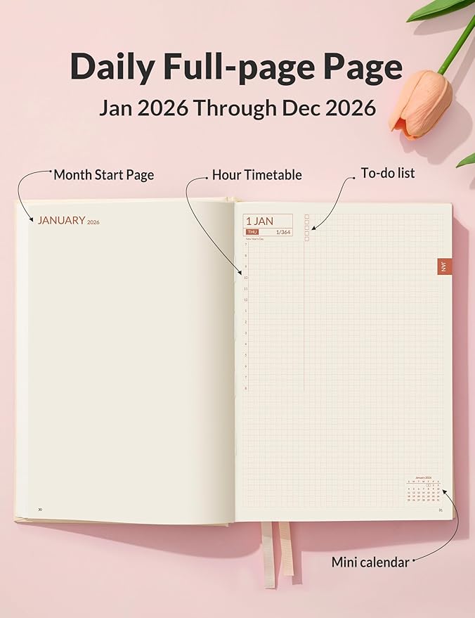 SUNEE 2026 Daily Planner A5 Hardcover – Hourly Schedule Organizer with Monthly Tabs & Task Tracker – Beige Cover Time Management Notebook for Work, School, Personal Goals