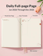 SUNEE 2026 Daily Planner A5 Hardcover – Hourly Schedule Organizer with Monthly Tabs & Task Tracker – Beige Cover Time Management Notebook for Work, School, Personal Goals