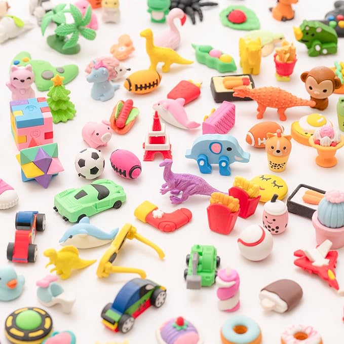 CLOCK KING 156pcs 3D Cute Kids Erasers, Random Desktop Pet Toys Gifts, Classroom Rewards Kids Party Gifts, Various Styles Such as Animals, Food, Plants, Space, Princess, Sports, Halloween, Christmas