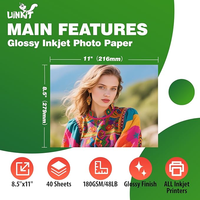 Uinkit 40 Sheets Bright White Single Sided Glossy Photo Paper 8.5x11 Letter Size 180gsm 48lb Instant Dry Dye Inkjet Paper, Smudge Resistant Professional Printing Papers for Home/Office Trial Use
