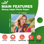 Uinkit 40 Sheets Bright White Single Sided Glossy Photo Paper 8.5x11 Letter Size 180gsm 48lb Instant Dry Dye Inkjet Paper, Smudge Resistant Professional Printing Papers for Home/Office Trial Use
