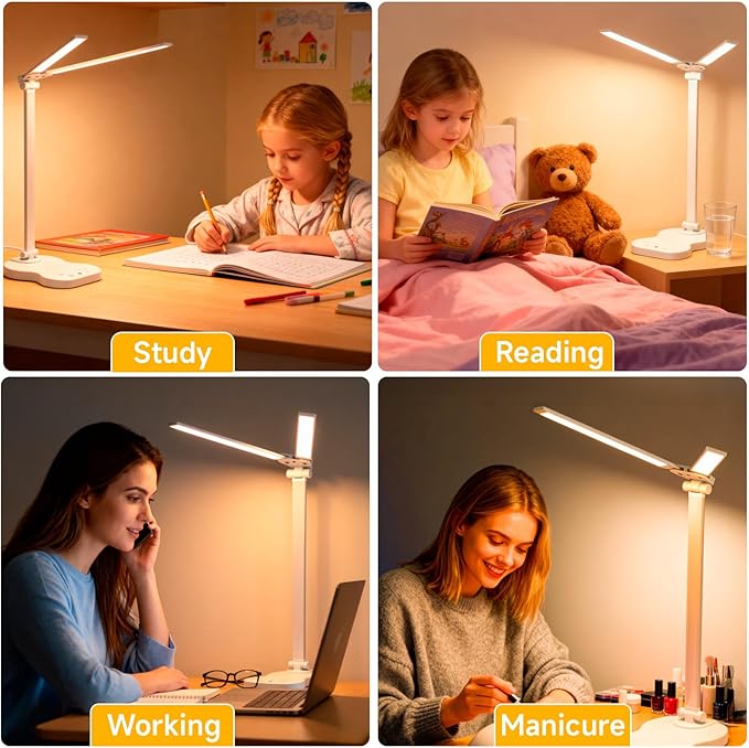 Ddlisu LED Desk Lamp with USB Charging Port, 5 Color Modes 10 Brightness, Dual Swing Arm Dimmable Desk Lamps for Home Office Nail Dorm (White)