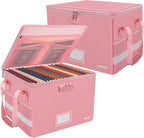 ENGPOW File Box with Lock, Fireproof Document Box with Pockets, Collapsible File Organizer Filing Storage Cabinet with Handle, Portable Home Office Safe for Hanging Letter/Legal Folders, Pink, 2 Pack