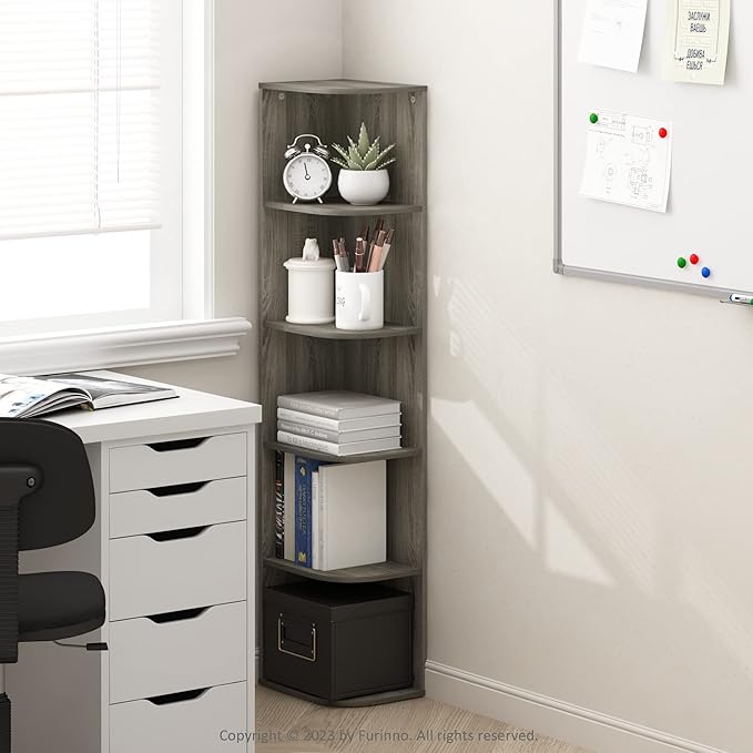 Furinno PASIR Book Shelf, 5-Tier Corner Bookshelf, Open Shelves Bookcase 9.3 x 12 x 51.7, for Living Room, Bedroom, Home Office, French Oak