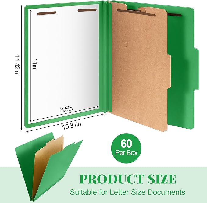 Skyygemm 60 Pcs Classification Folders Letter Size, 1 Divider Pressboard File Folder with Fasteners, Expanding File Organizer Bulk for School Teachers, Office Employee, Coworker, Staff (Green)
