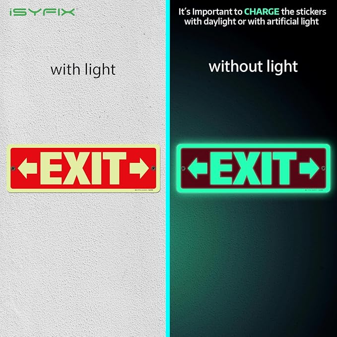 iSYFIX Exit Signs with Directional Right & Left Arrow, Glow in the Dark, Photoluminescent Aluminum 12x4 Inch - 12 Pack, Laminated for UV & Weather Resistance, Ideal for Offices, Schools, Theaters & More
