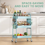 KINGRACK 3 Tier Rolling Cart with DIY Hanging Board, Metal Rolling Utility Cart with Wheels Handles Baskets Hooks, Rolling Storage Cart Suitable for Bathroom, Kitchen, Office, Nursery Diaper（Blue）