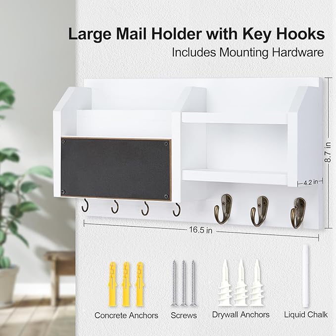 Lwenki Mail and Key Holder – Wall Mount Key Hanger with Shelf and 7 Metal Hooks – Decorative Natural Paulownia Wood Entryway Organizer with Mounting Hardware (16.5”W x 8.7”H x 3.5”D) (White)