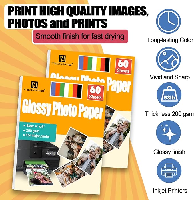 NICKANG 4x6 Photo Paper, Glossy Photo Paper 4x6, Total of 120 Sheets Bulk, 53 LB/200 gsm, Photo Printer Paper, Picture Paper for Inkjet Printer (60 Sheets/Pack x 2 Packs)