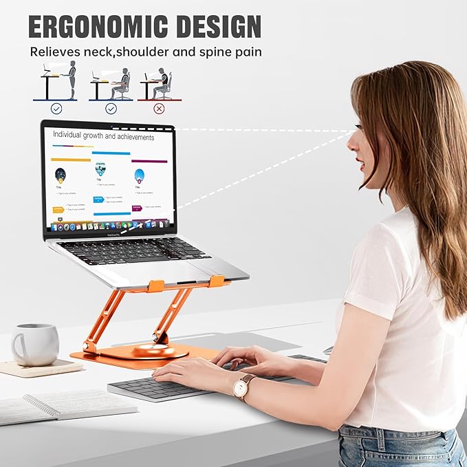 JOYEKY Laptop Stand for Desk, Adjustable Computer Stand with 360° Rotating Base, Ergonomic Laptop Riser for Collaborative Work, Foldable & Portable Laptop Stand, fits for All 10-16" Laptops (Orange)