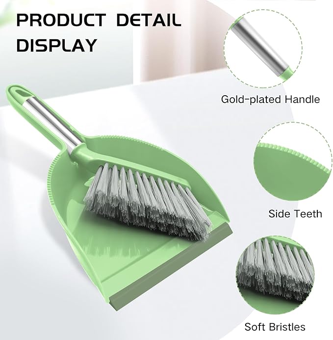 NACENA Mini Broom and Dustpan Set, Small Dust Pan and Brush Set with Handle Dustpan Teeth for Cleaning Hair Suitable for Office Desks Drawers Sofas Outdoor Camping, Light & Green