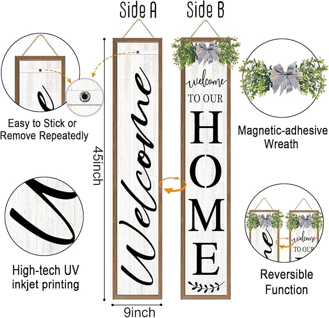 Double-sided Welcome to Our Home Wooden Sign Stand with Magnetic-adhesive Wreath for Front Door, 47" Vertical Farmhouse Welcome Porch Sign for Outdoor Patio Garden, 2in1 Large Tall Porch Leaner Decor