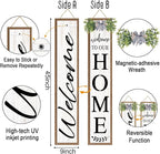 Double-sided Welcome to Our Home Wooden Sign Stand with Magnetic-adhesive Wreath for Front Door, 47" Vertical Farmhouse Welcome Porch Sign for Outdoor Patio Garden, 2in1 Large Tall Porch Leaner Decor