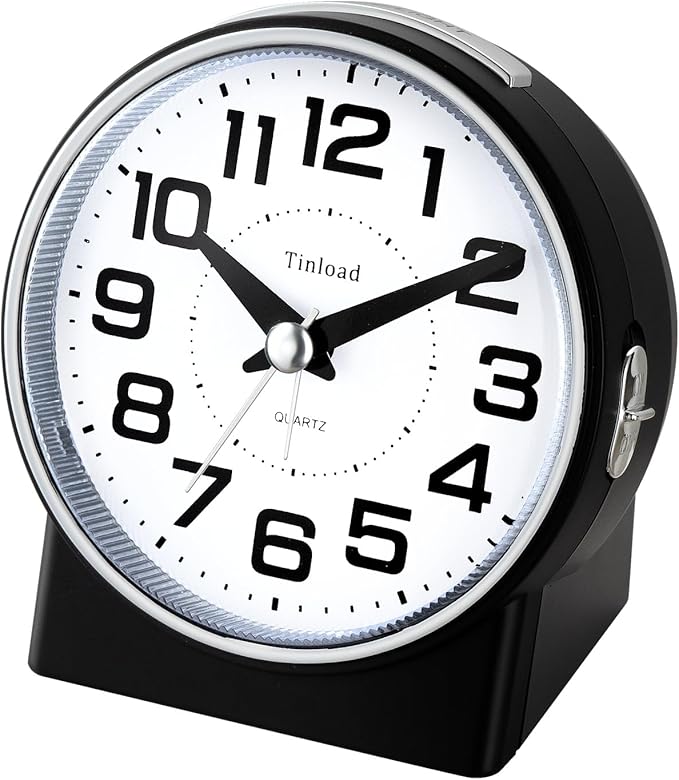 Tinload 4.3" No Ticking Analog Alarm Clock,Silent Readable for Seniors,Easy to Set,Gradual Rise Alarm,Big Numbers,On/Off Switch on Side,Gentle Wake,Snooze,Lighted on Demand,Battery Operated,Black