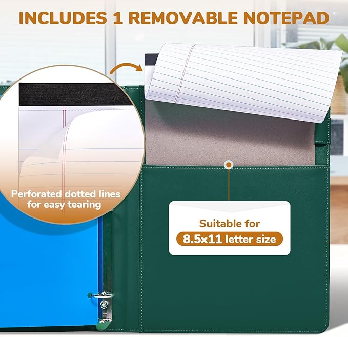 JoyCat 3 Ring Binder Clipboard with Storage,12.4"x10.2"Magnetic Clipboard Folder with 5 Expandable Folders,Refillable Lined Notepad (11" x 8.5"),Ideal for School Office Nursing(Dark Green)