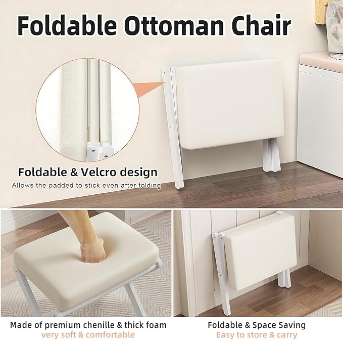 BAMBOOHOMIE Foldable Foot Stool Ottoman, Modern Foot Rest with Bamboo X Legs & Thick Foam Cushion, Folding Foot Stools Small Padded for Bedroom Living Room, Footstool for Chair Couch (White - White)