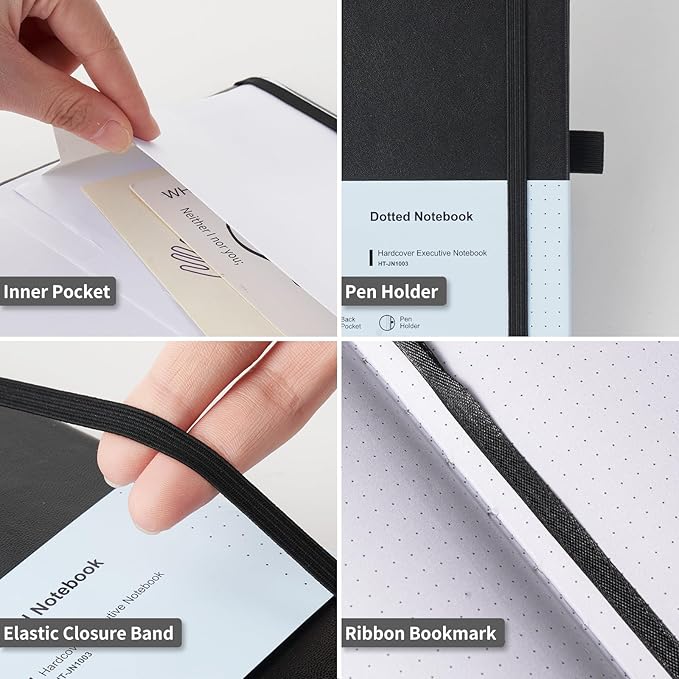 Heture Hardcover Notebooks, A5 Dotted Journal Notebook for Writing 160 Pages, 8.2 x 5.5 inch, Classic Dotted Notebooks for College/Work/Travel(Black 3 Pack)
