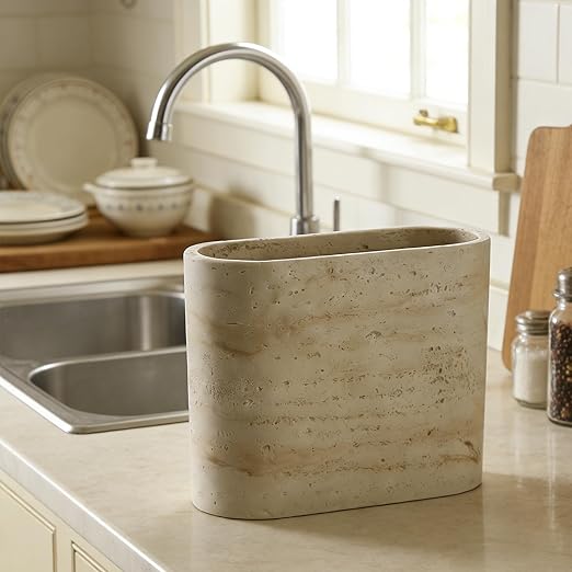 Natural Travertine Textures Mini Trash Can, Small Counter Rectangle Trash Can for Bathroom Kitchen Table Desk, Tiny Waste Basket for Vanity - Silicone Pad Anti Scratch, Non-Slip (Made of Resin)