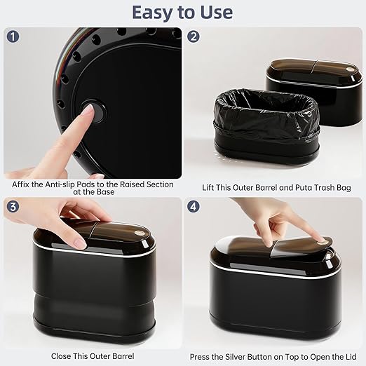 PAVSTINE Mini Trash Can for Desk with 5 Rolls of Trash Bags, Small Press-Top Countertop Garbage Bin, Removable Waste Basket for Bedroom, Vanity, Coffee Table, Kitchen (Black Half-Lid)