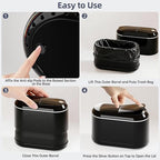PAVSTINE Mini Trash Can for Desk with 5 Rolls of Trash Bags, Small Press-Top Countertop Garbage Bin, Removable Waste Basket for Bedroom, Vanity, Coffee Table, Kitchen (Black Half-Lid)
