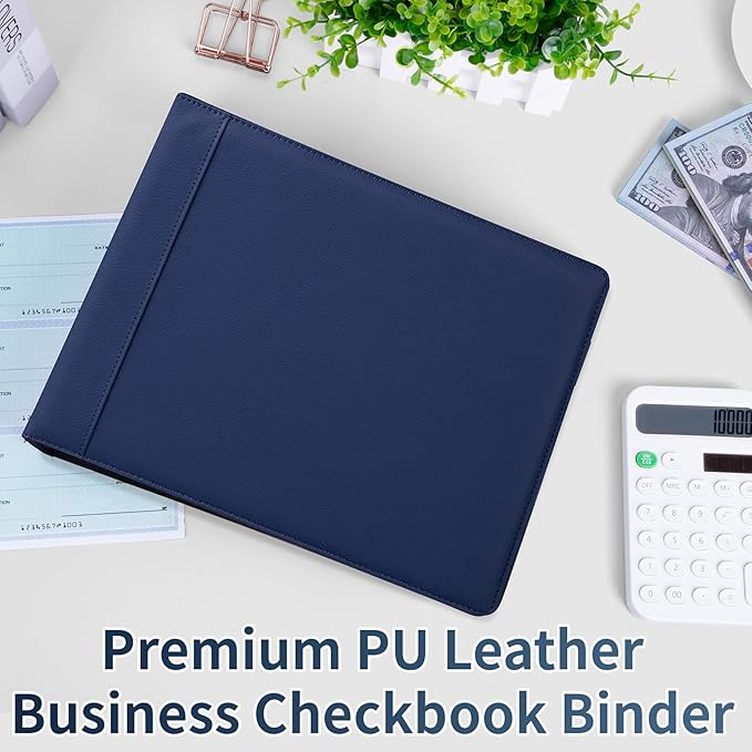 Antner 3 Ring Personal Check Binder for 3-on-a-Page End-Stub Deskbook & Personal 3 Holes or 9 Holes Small Size Checks, PU Leather Check Holder Checkbook Binder Cover with Zipper Pouch, Navy Blue