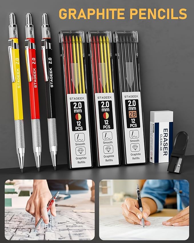 STAGEEK 22 Pack Carpenter Pencil Set with Sharpener, Mechanical Carpenter Pencils with 60 Refills, Deep Hole Long-Nib Marker Pens, Carbide Scribe Tool & Construction Pencils for Architect with Case