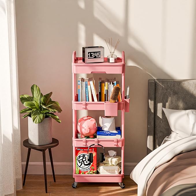 Sorgion 4 Tier Rolling Cart Organizer,Art Craft Diaper Bedside Snack Laundry Room Bathroom Organizer Narrow Thin Slim Rolling Trolley Utility Cart with Wheels for Kitchen,Office(Pink)