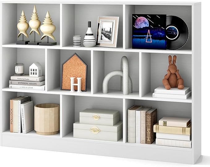 Tangkula 10-Cube Bookshelf, 55”L Floor Bookcase with 2 Anti-Tipping Kits, Freestanding Storage Organizer, 4-Tier Display Shelf for Home, Office & Dorms, Natural/White (White, 10-Cube-Large)