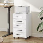 HOOBRO 5-Drawer File Cabinet, Office Filing Cabinet with Drawers, Wooden Mobile Storage Cabinet with Wheels, for Makeup, Home Office, Easy Assembly, White WT05WJ01G1