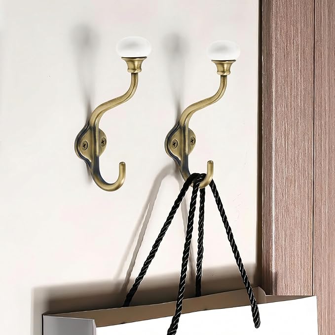 TUNNY Coat Hooks - 5 Pack Brushed Antique Brass Towel Hooks Robe Hooks Decorative Wall Hooks for Bathroom Bedroom Kitchen Towel Robe Clothes Cabinet Closet Bathroom Hardware
