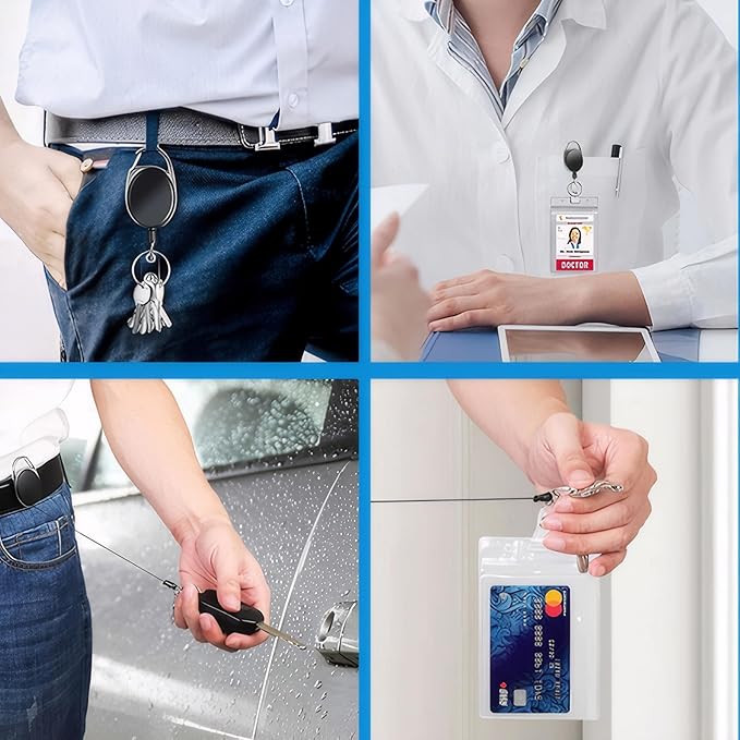 SOVYOULIVE 50 Pack Heavy-Duty Retractable Badge Holders with Carabiner Clip and Key Ring, Black ID Badge Reel for Office, ID Card Holder and Key Chain