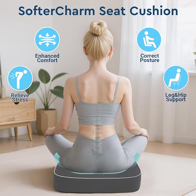 SofterCharm Seat Cushion, Memory Foam Office Chair Cushions for Long Sitting Hours, Chair Pad for Sciatica, Coccyx, Tailbone, Hip Pain & Pressure Relief, Office, Home, Car Seats, Airplane, Gray/Large
