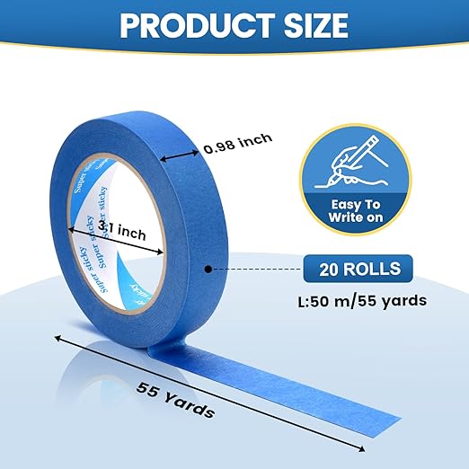SUNSHINETOP Blue Painters Tape, 20 Rolls Paint Tape 1 Inch Wide (0.98 in. x 55 Yds) Blue Masking Tape Protects Surfaces, Painter's Tape for Indoor and Outdoor Use, Easy Removal (20PCS)