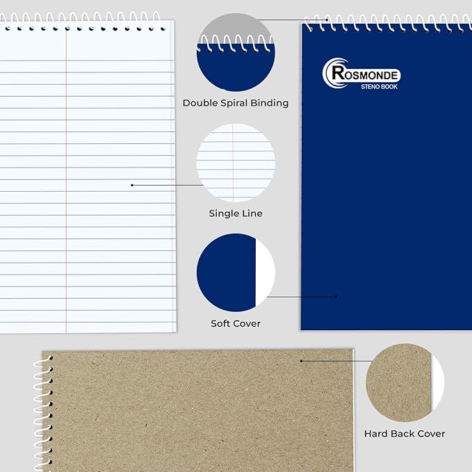 Rosmonde 48 Pack Bulk Spiral Steno Book, 6" x 9" Gregg Ruled Steno Notebook, Assorted Covers, 80 Sheets (160 Pages) Bulk Steno Notebooks for Writing Notes in Office, School, College, Spiral Note Pads
