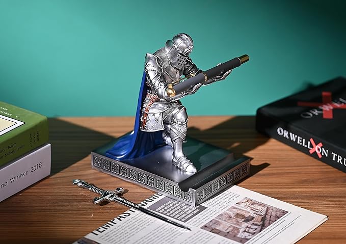 HDMbigmi King's Guard Leader Cloak Warrior Knight Pen Holder Mobile Phone Stand, Ornament Knight Statue, Pen Stand Paperweight for Office and Home (SilverBlue)