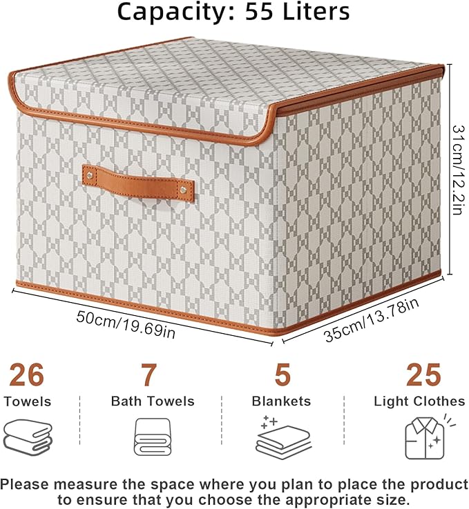 Tuza 2 Pack Fabric Storage Bins with Lids, Collapsible Closet Organizer Container, Decorative Storage Boxes with Lids for Organizing Clothes, Blanket, Grey & White, Extra Large