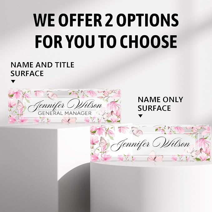 AZUFEMOS Personalized Acrylic Desk Name Plate - Custom Employee Appreciation Gifts - Office Gifts for Women, Men, Boss, Coworkers, Teacher, Nurse (Pink Flower Butterfly)
