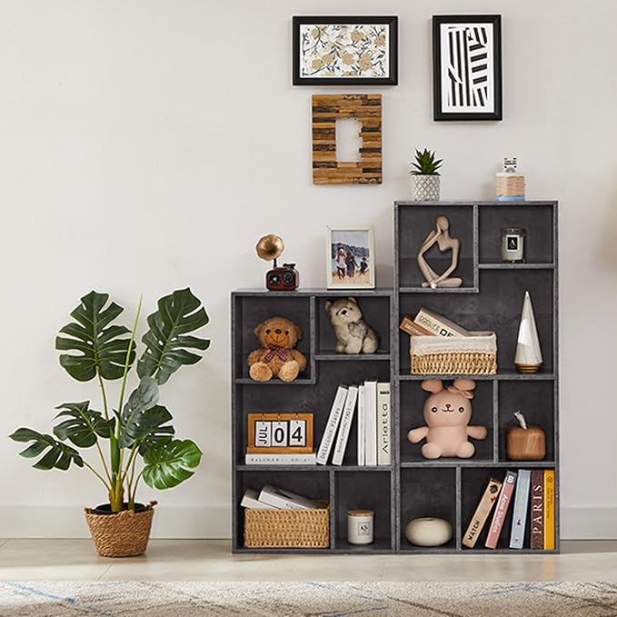 VECELO Wide Bookshelf Set, Fits 9.3" × 10-12.8" Hardcovers, Cube Storage Bookcases, Free-Standing for Living Room, Bedroom, Home Office, 3/4-Tier, 2-Pack, Gray
