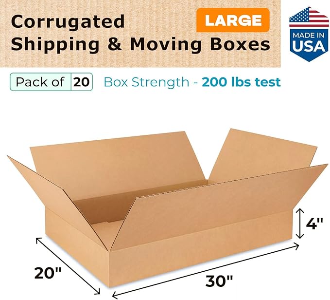 Large Shipping & Moving Boxes 30"L x 20"W x 4"H (20-Pack) - Extra Strength 200 lb vs Regular - Corrugated Durable Cardboard Boxes - Large Box for Moving - Cardboard Shipping Box by IDL Packaging