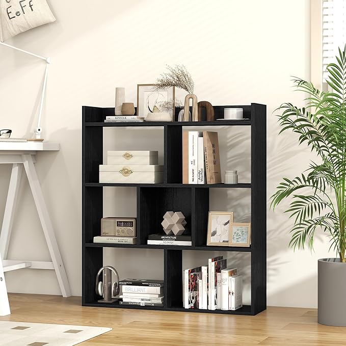 Giantex 7 Cubes Bookshelf, Free-Standing Wooden Bookcase, 4 Tier Home Display Shelf, Horizontal Storage Unit w/Anti-Toppling Devices, Open-Back Display Rack for Study, Living Room (2, Black)