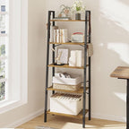 Hzuaneri Ladder Shelf, Bookshelf Bookcase, Freestanding Corner Storage Shelve with 2 Hooks for Home Office, Living Room, Kitchen, Bedroom, Industrial, 11.8" D x 23.6" W x 63" H, Rustic Brown BC19301B