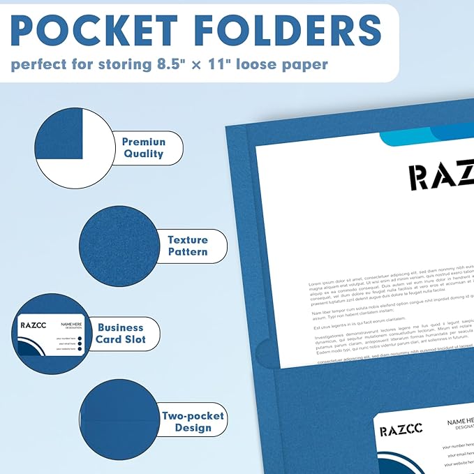 Two Pocket Folders, RAZCC 50 Pack 2 Pocket Folders Fit Letter Size Paper, Paper Folders with Pockets for School Office Business Home (Navy Blue)
