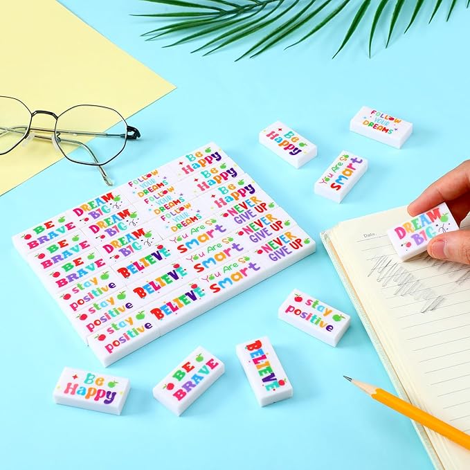 Dunzoom 100 Pcs Inspirational Pencil Erasers Bulk for Kids Fun Motivational Eraser School Supplies Back to School Office Supplies for Classroom Office Teacher Artists (Lovely)