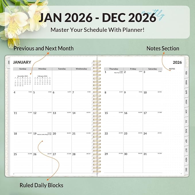 SUNEE 2026 Planner, Weekly and Monthly Calendar Planner, January 2026-December 2026, Daily Agenda with Tabs, Note Pages, Spiral Binding, 8.5"x11", Flora