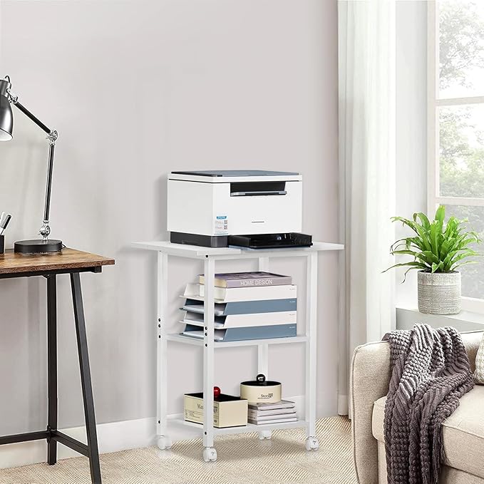 Lerliuo 3-Tier Printer Stand, Industrial Mobile Printer Table with Storage Shelf and Steel Frame, Rolling Printer Cart Holder with Lockable Wheels for Home, Office (White)